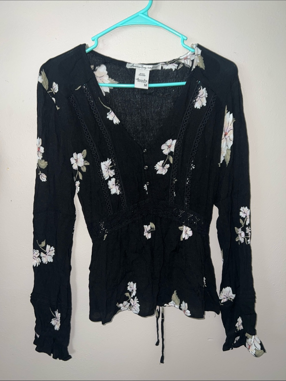 American Rag Black Floral Lace-Trim V-Neck Blouse